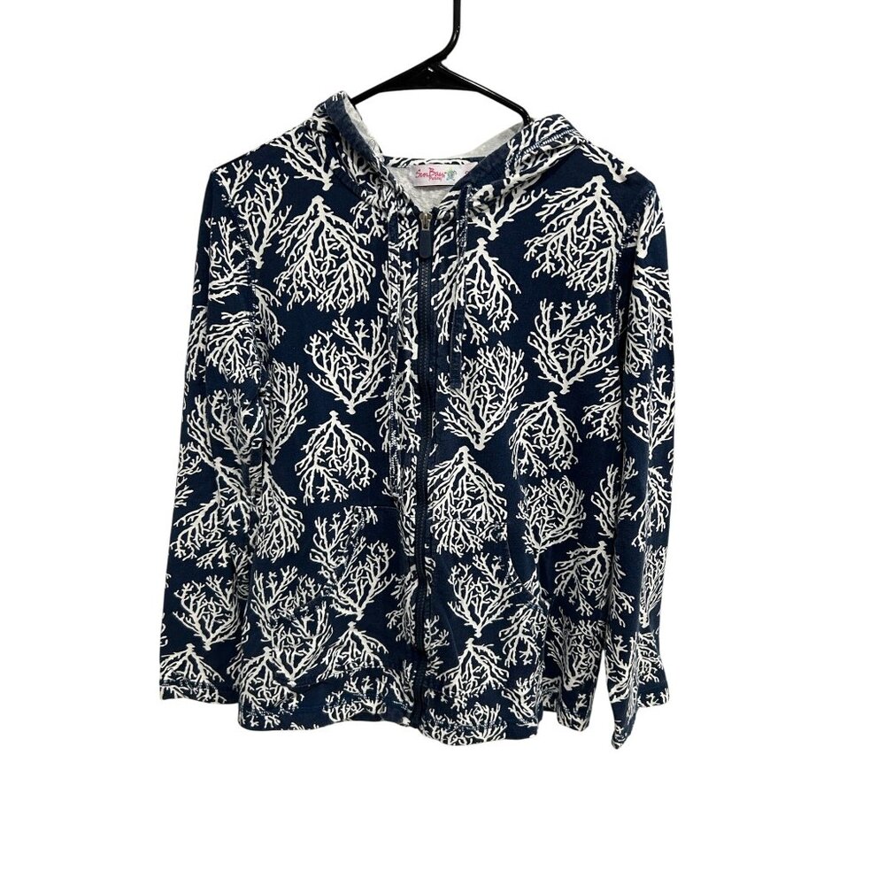 SunBay Coral Print Full Zip Hoodie Jacket Blue White Sz Medium Petite Nautical